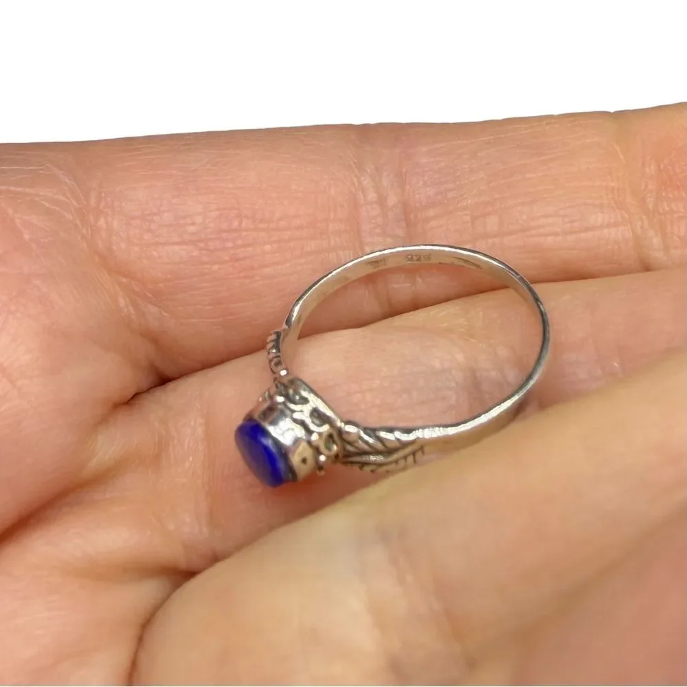 Lapis Lazuli Ring Size 5 Solid 925 Sterling Silver Dainty Etched Leaf